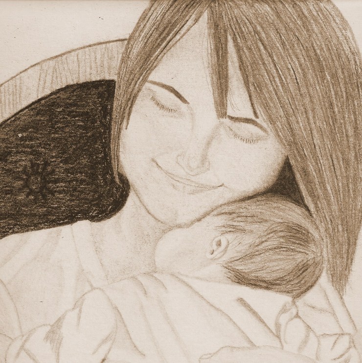 pencil drawing of mother rocking infant